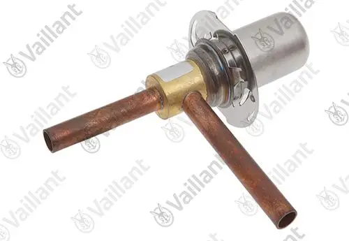 Vaillant Expansionsventil mit zwei Kupferrohren, montiert auf einer Metallbasis. Das Produkt ist für thermische Anwendungen konzipiert.